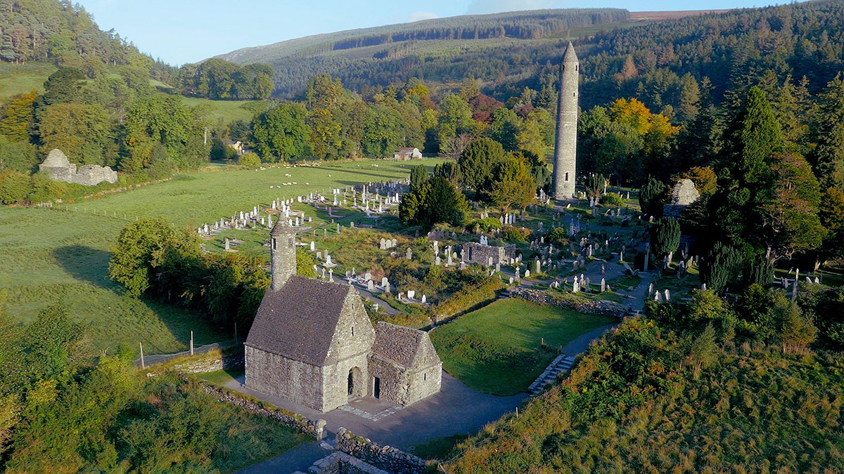 Aerial image of Glendalough Church and ROund Tower
