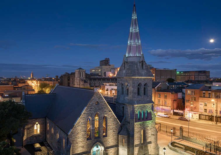 Pearse Lyons Whiskey Distillery at Night-time with glass steeple