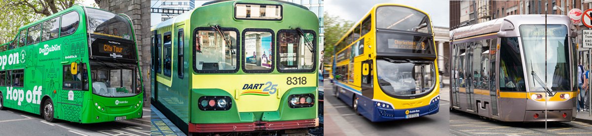 photos of train, tram and buses in dublin